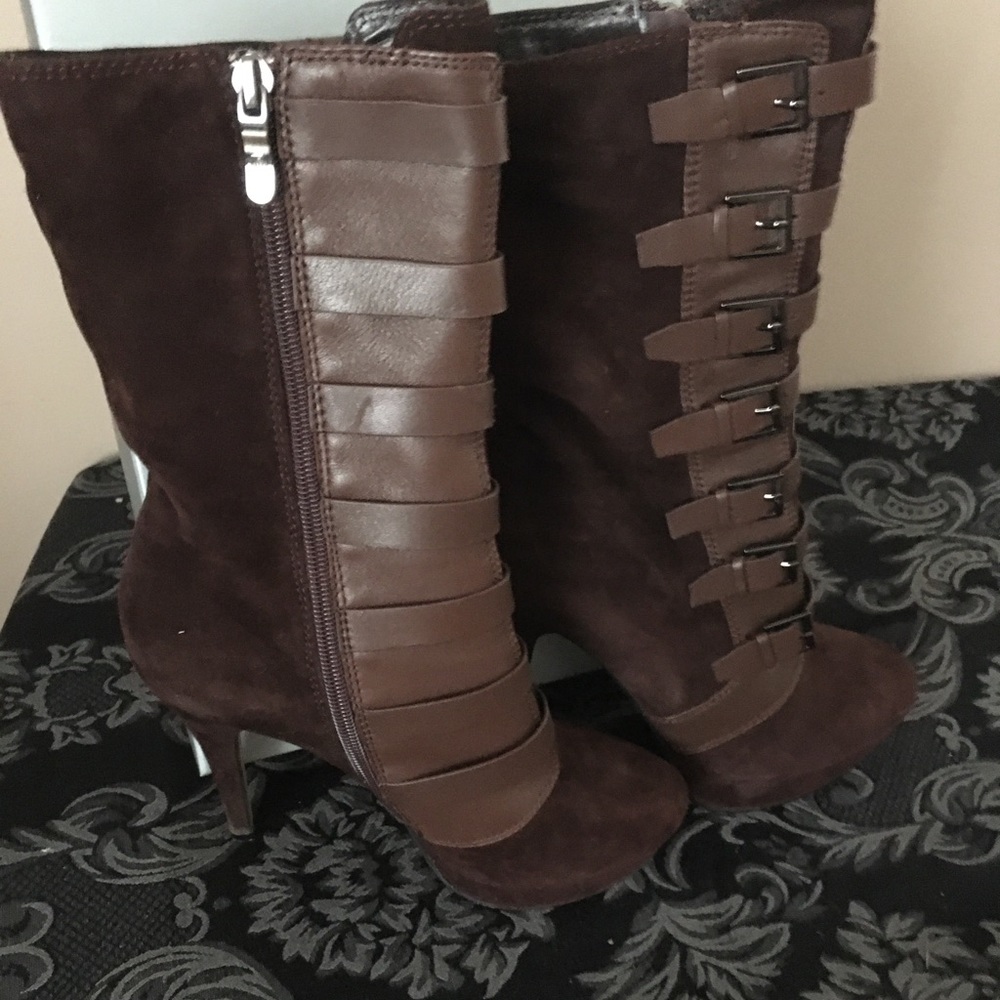 Basic Editions Brown Suede & Leather Buckle Ankle Boots